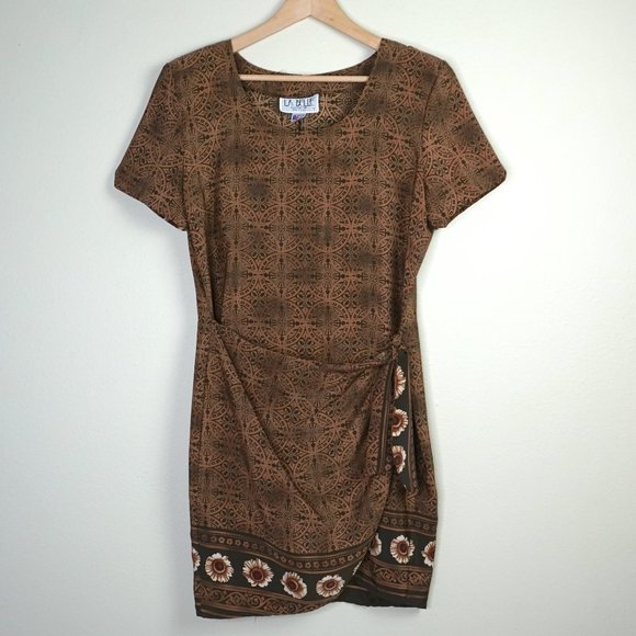 La Belle Dresses & Skirts - Vintage 90s La Belle Brown Pattern Short Sleeved Wrap Skirt Mini Dress